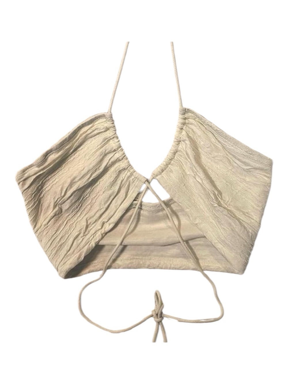 Ivory Ruched Halter Crop Top Tie Front Open Back